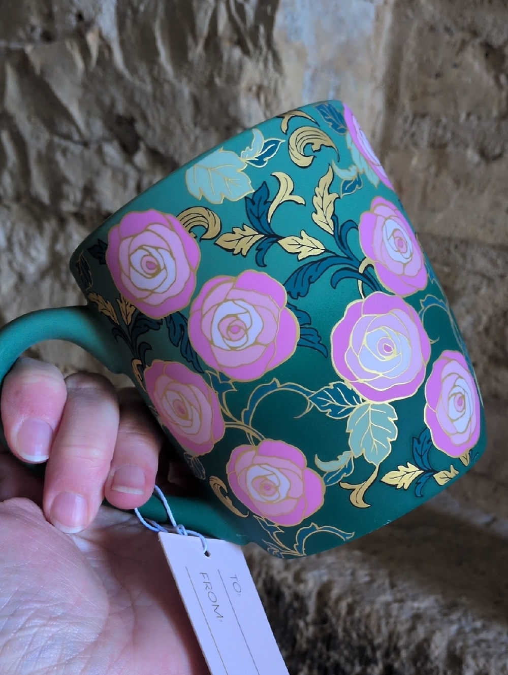 PETAL & PEARL I NWT Set of 2 Soft Touch Pink, Green, & Gold Floral Coffee Mugs - Picture 4 of 12
